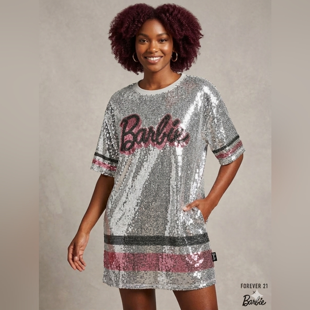 Forever 21 Silver Sequin Dress with Pink & Black Accents